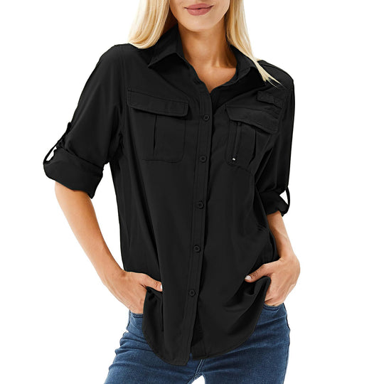 Damen lässige Bluse mit praktischen Taschen und umschlagbaren Ärmeln R&B