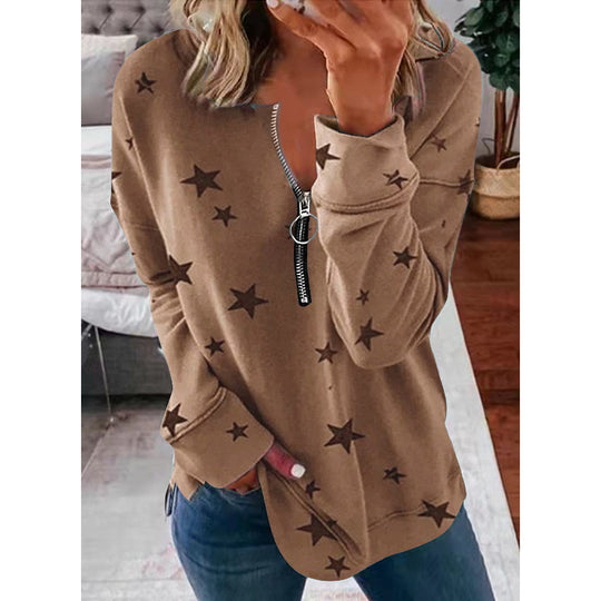Damen Lässiger Sweatshirt mit Reißverschluss und Sternenmotiv R&B