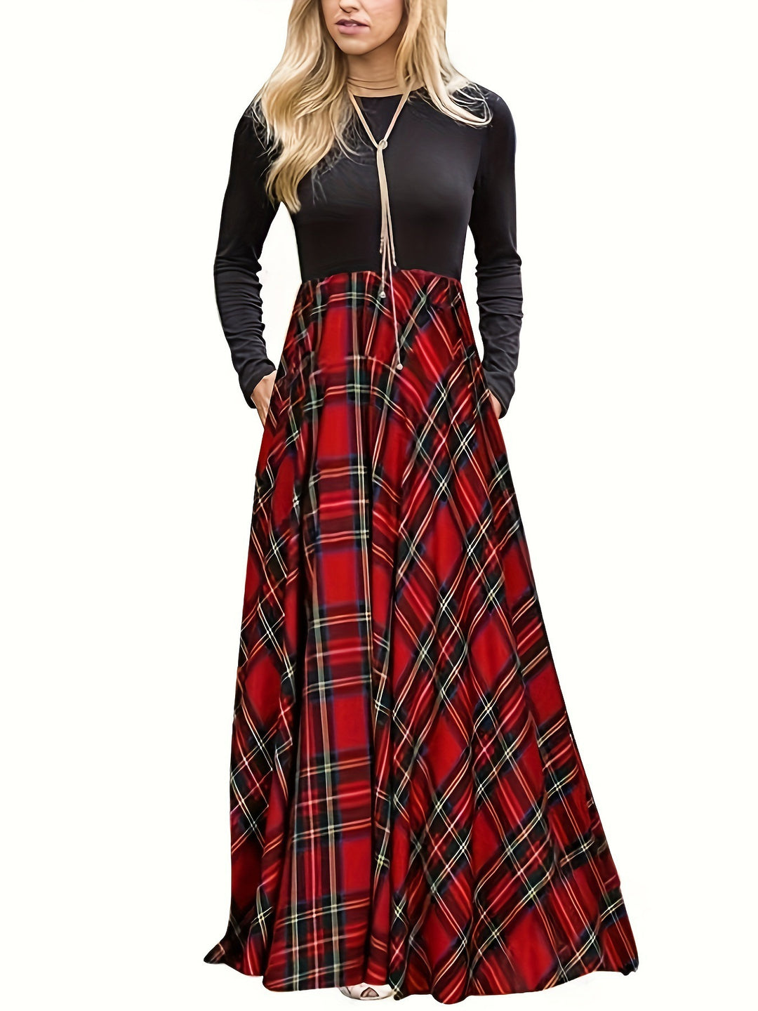 Damen Maxikleid mit modernem Karomuster und langen Ärmeln R&B