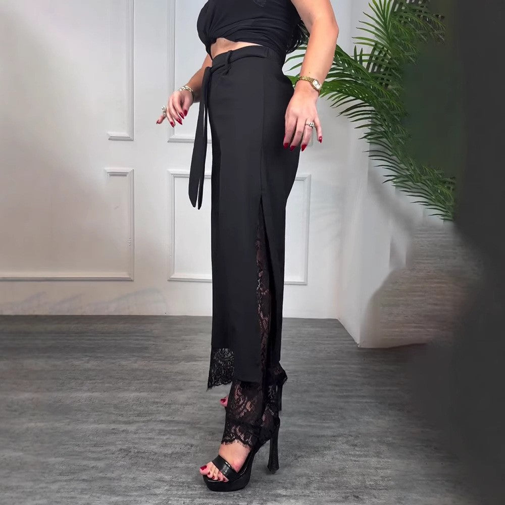 Damen nan taillierte hochgeschnittene Hose mit seitlichem Schlitz, transparenter Spitzen-Unterlage und Bindegürtel R&B