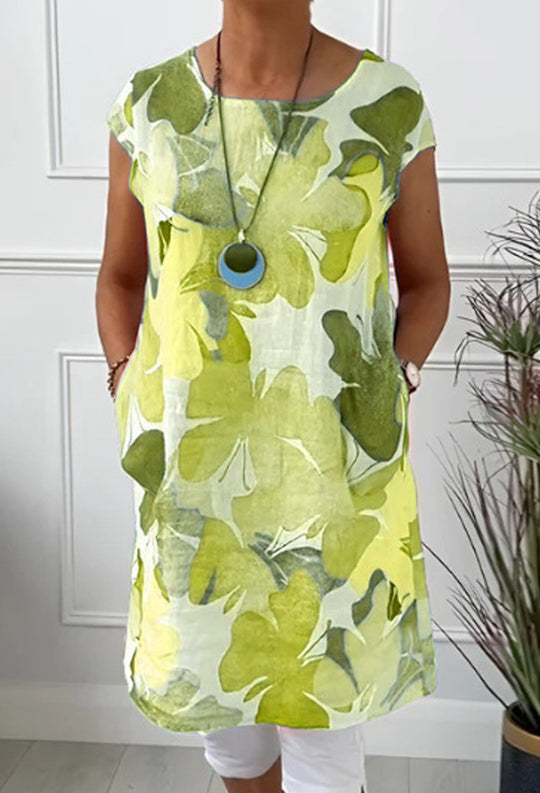Damen nan luftiges Tunika-Midikleid aus Leinenmix mit Aquarellblütenprint und Seitentaschen R&B