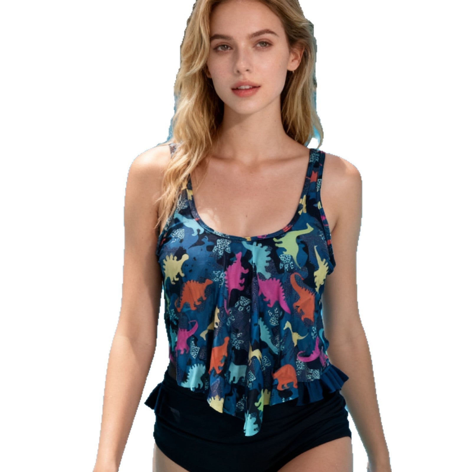 Damen Tankini-Set mit fröhlichem Dinosaurier-Design und bequemen Shorts R&B