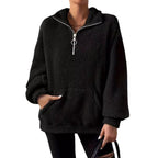 Damen kuscheliger Fleece-Pullover mit halbem Reißverschluss und Seitentaschen