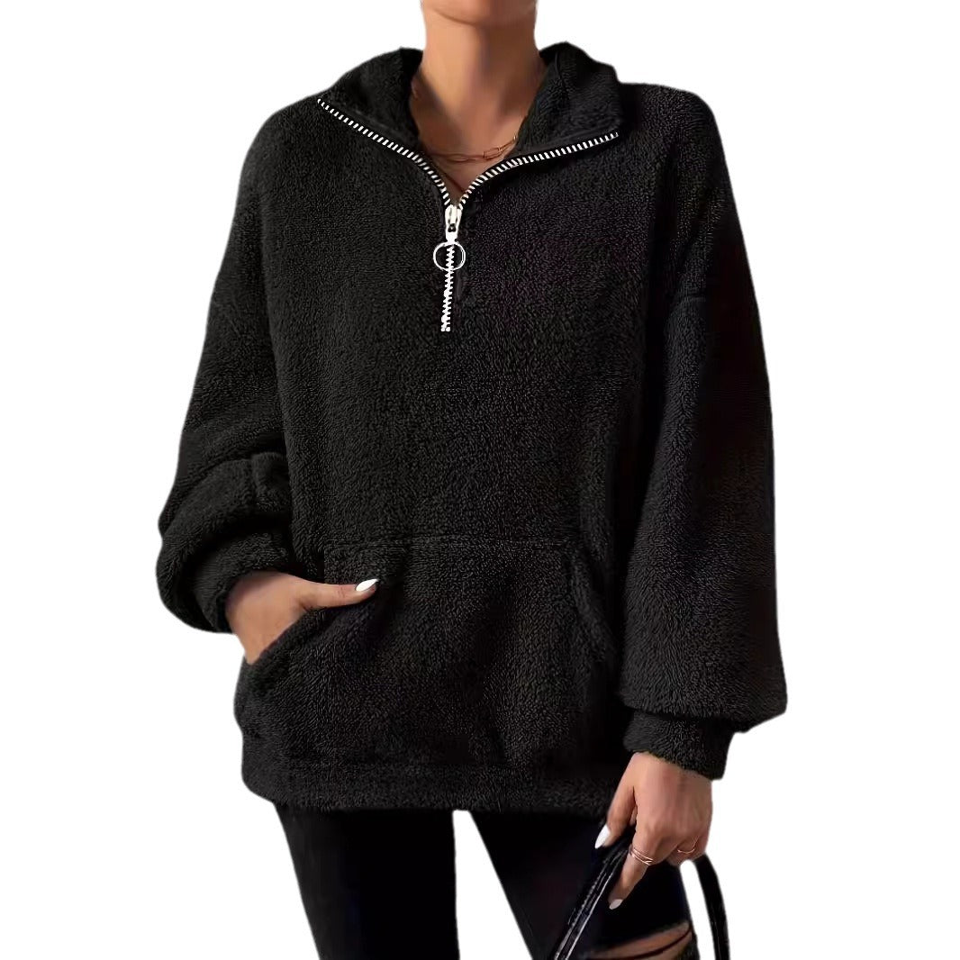 Damen kuscheliger Fleece-Pullover mit halbem Reißverschluss und Seitentaschen