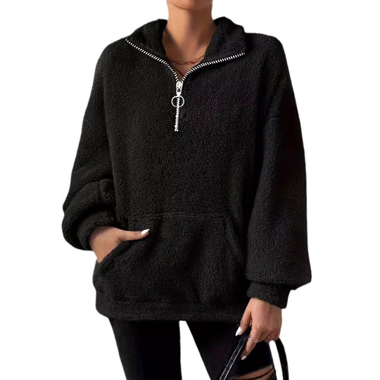Damen kuscheliger Fleece-Pullover mit halbem Reißverschluss und Seitentaschen R&B