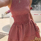 Damen ärmelloses Mini-Dress mit Karomuster und elastischem Bund R&B