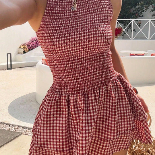 Damen ärmelloses Mini-Dress mit Karomuster und elastischem Bund R&B
