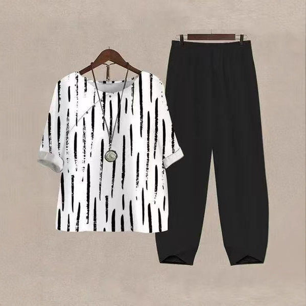 Damen nan legeres Freizeit-Set mit gemustertem Oversize-Shirt und konisch zulaufender Komforthose R&B