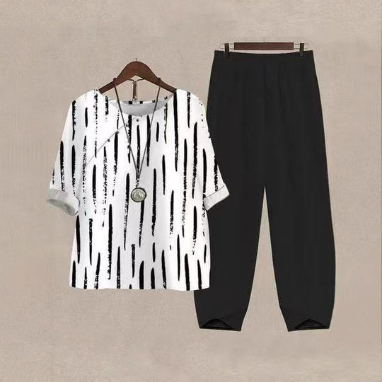 Damen nan weites Shirt mit Pinselstrichmuster, überschnittener Schulter und elastischer Komforthose mit Gummizug R&B