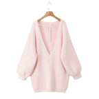 Damen modischer V-Ausschnitt Pullover mit puffärmeligen Details