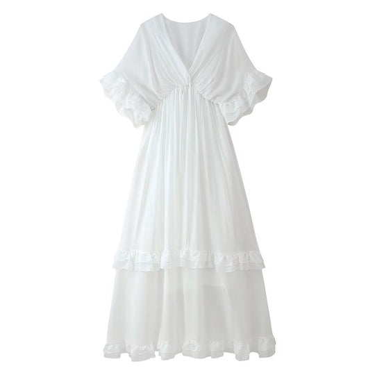 Damen Maxikleid mit voluminösen Rüschendetails und elegantem V-Ausschnitt R&B