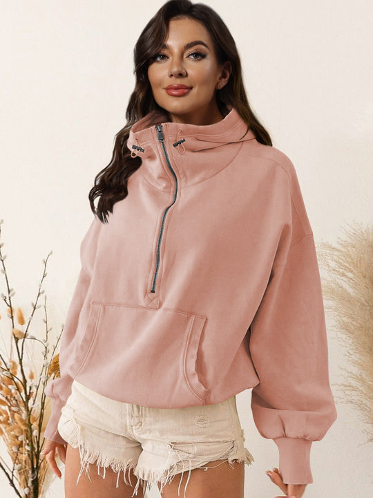 Damen sportlicher Kapuzenpullover mit halbem Reißverschluss und funktionalen Taschen R&B