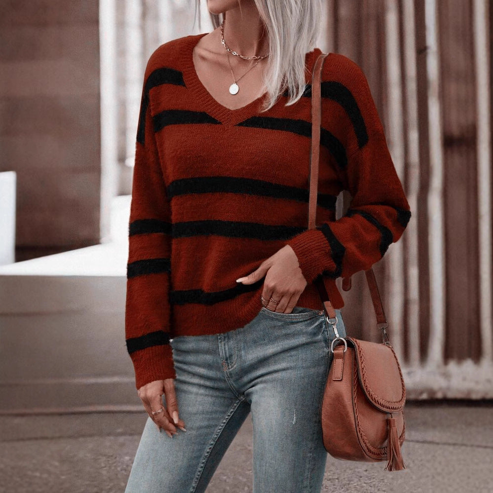 Damen V-Ausschnitt Pullover mit breiten Streifen und kuscheligem Material R&B