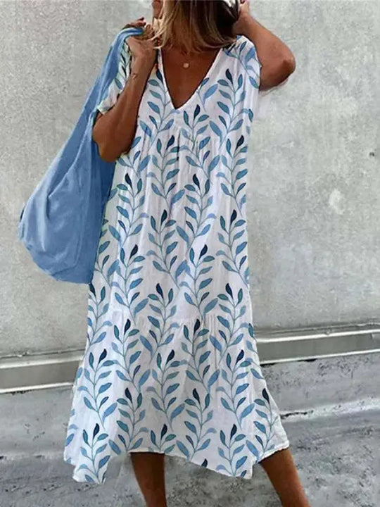 Damen lässiges Sommerkleid mit V-Ausschnitt und voluminösem Rock R&B