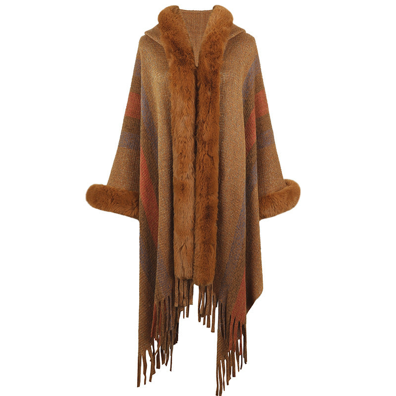 Damen modischer Poncho mit luxuriösem Kunstfellkragen und Fransen R&B