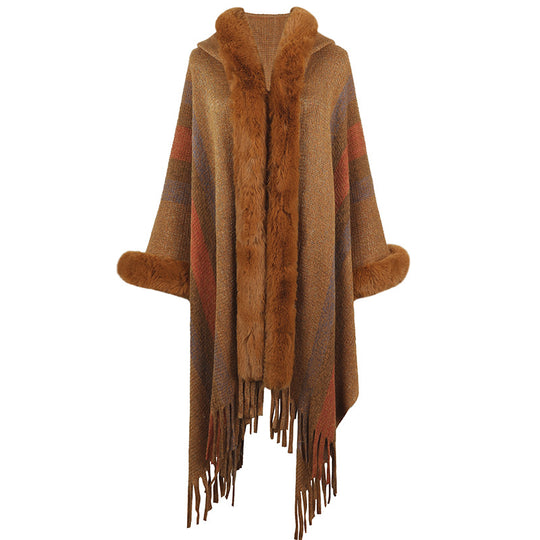 Damen modischer Poncho mit luxuriösem Kunstfellkragen und Fransen R&B