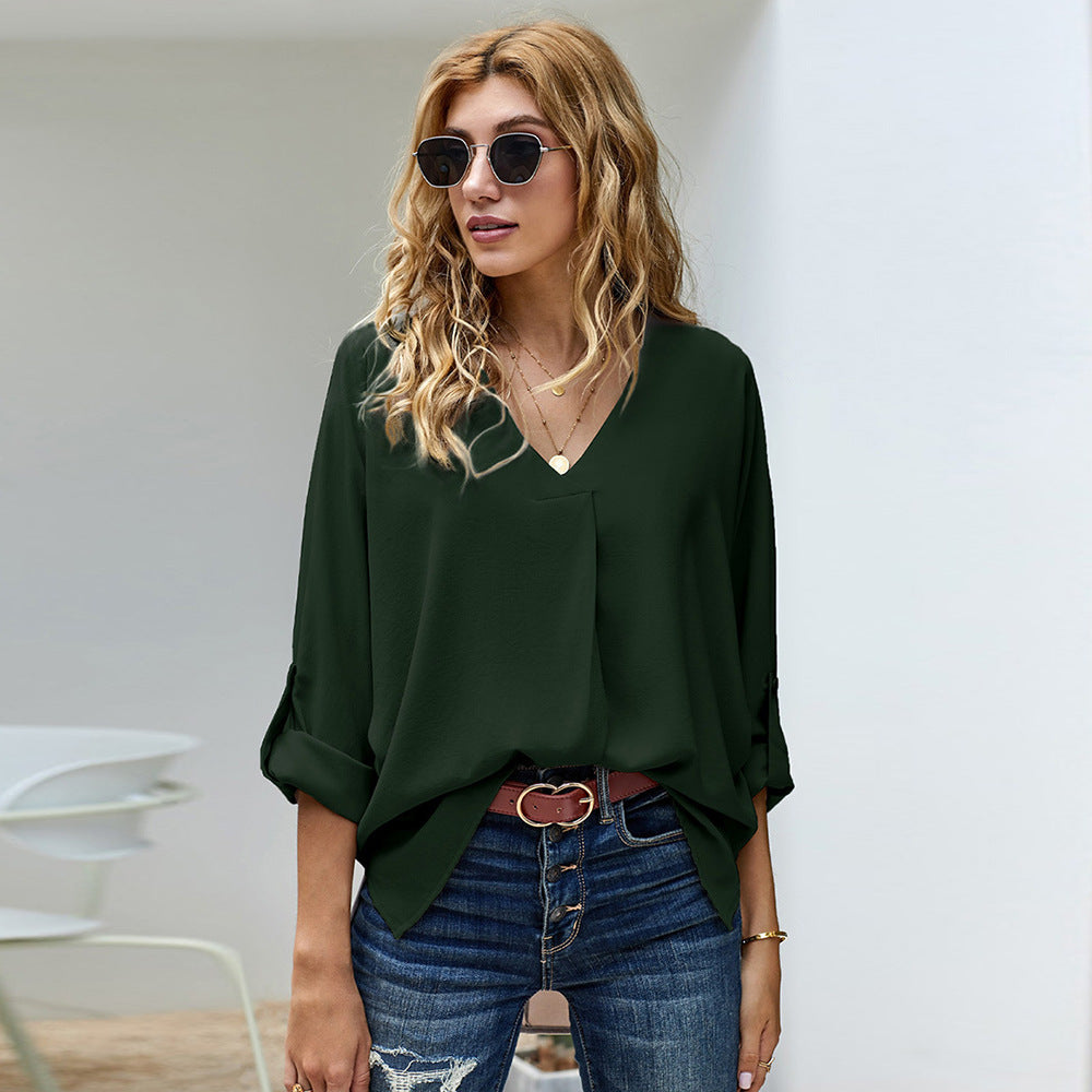 Damen Bluse mit V-Ausschnitt und lässigen langen Ärmeln R&B