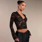 Damen nan transparente Spitzenbluse mit V-Ausschnitt, tailliert und Trompetenärmeln R&B