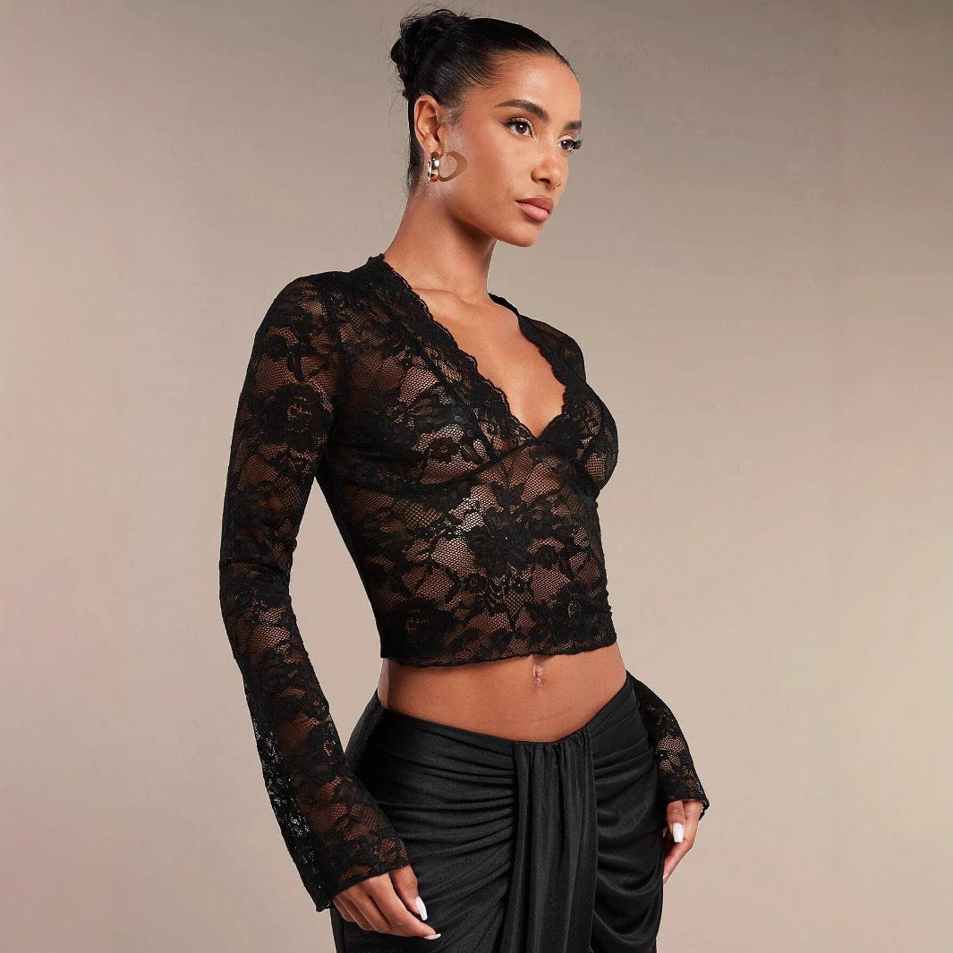 Damen nan transparente Spitzenbluse mit V-Ausschnitt, tailliert und Trompetenärmeln R&B