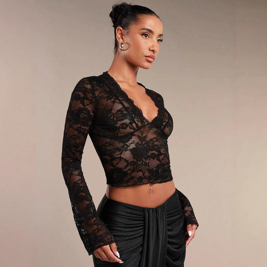 Damen nan transparente Spitzenbluse mit V-Ausschnitt, tailliert und Trompetenärmeln R&B