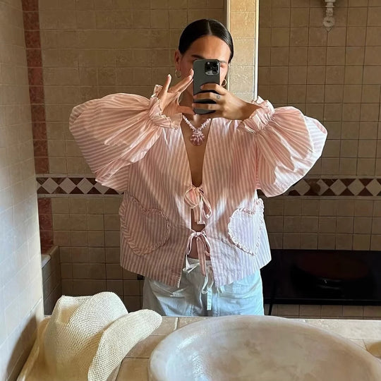 Damen Luftige Palazzo-Hose mit feinen Streifen R&B