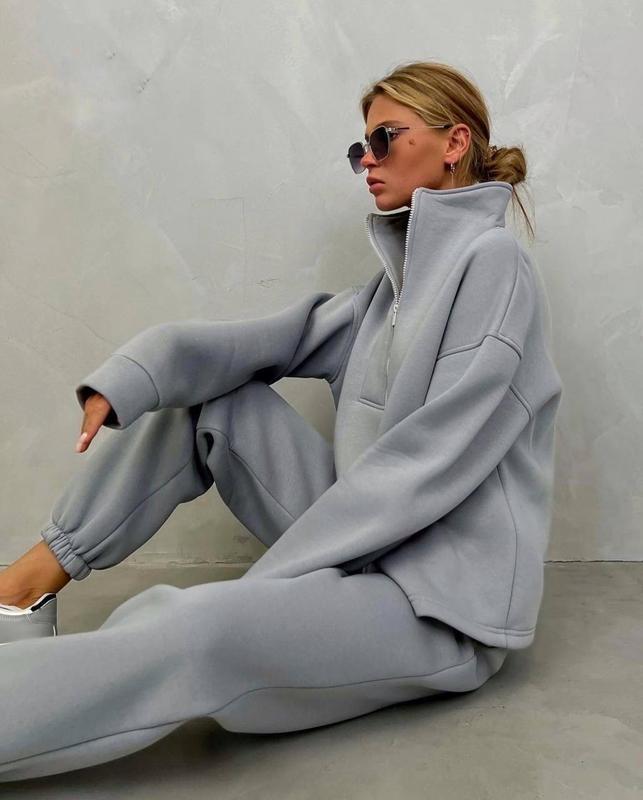 Damen sportlicher Fleece-Pullover und Jogginghose-Set mit hohem Kragen R&B