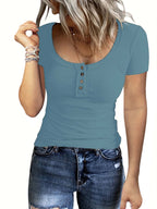 Damen Kurzes T-Shirt mit Knopfdetails und Rippstruktur R&B