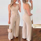 Damen eleganter Jumpsuit mit Taillengürtel und weitem Bein R&B