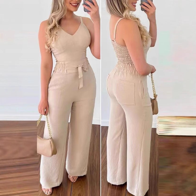 Damen eleganter Jumpsuit mit Taillengürtel und weitem Bein R&B