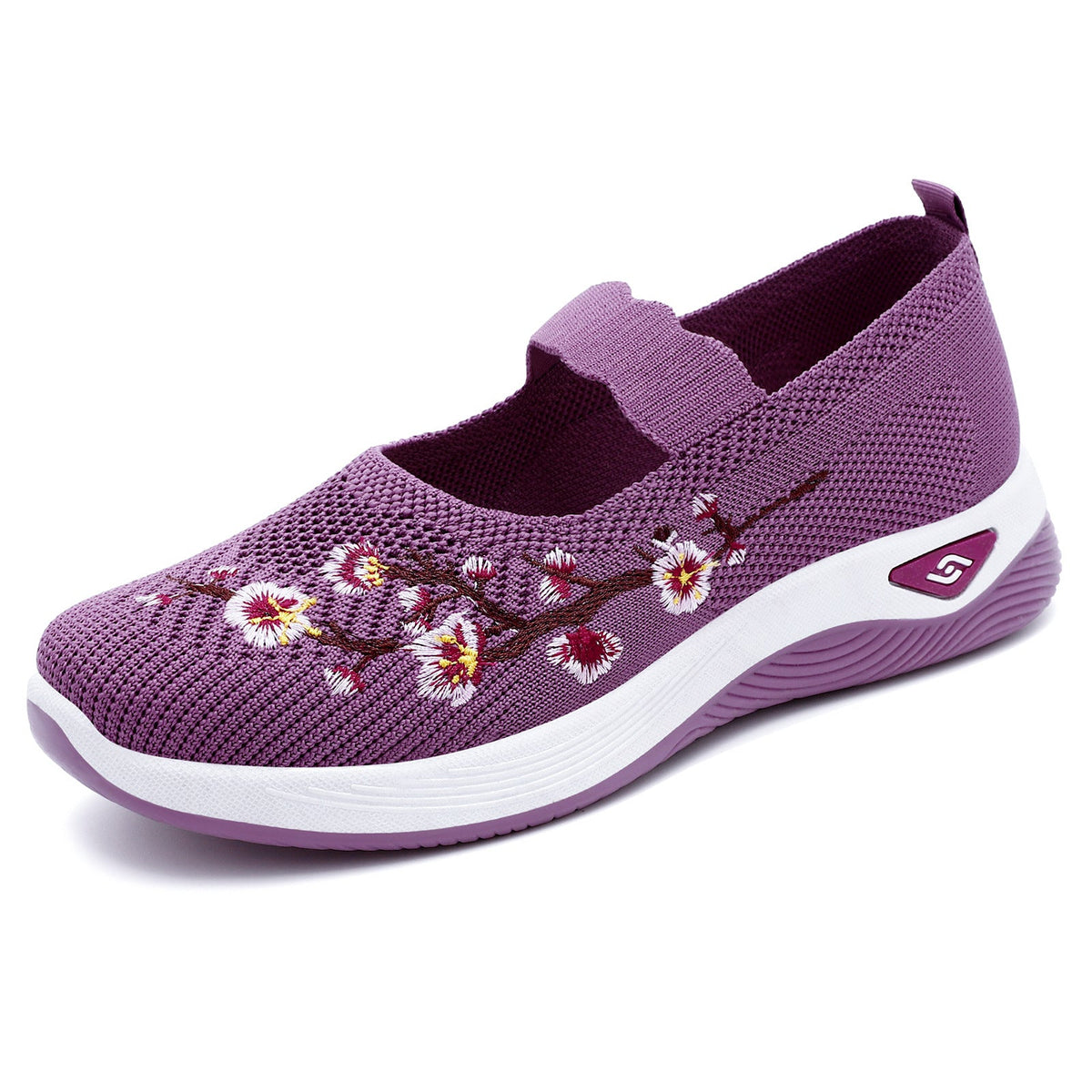 Damen nan bestickter gestrickter Slip-On Sneaker mit Mary-Jane Riemen und stoßdämpfender EVA-Sohle R&B