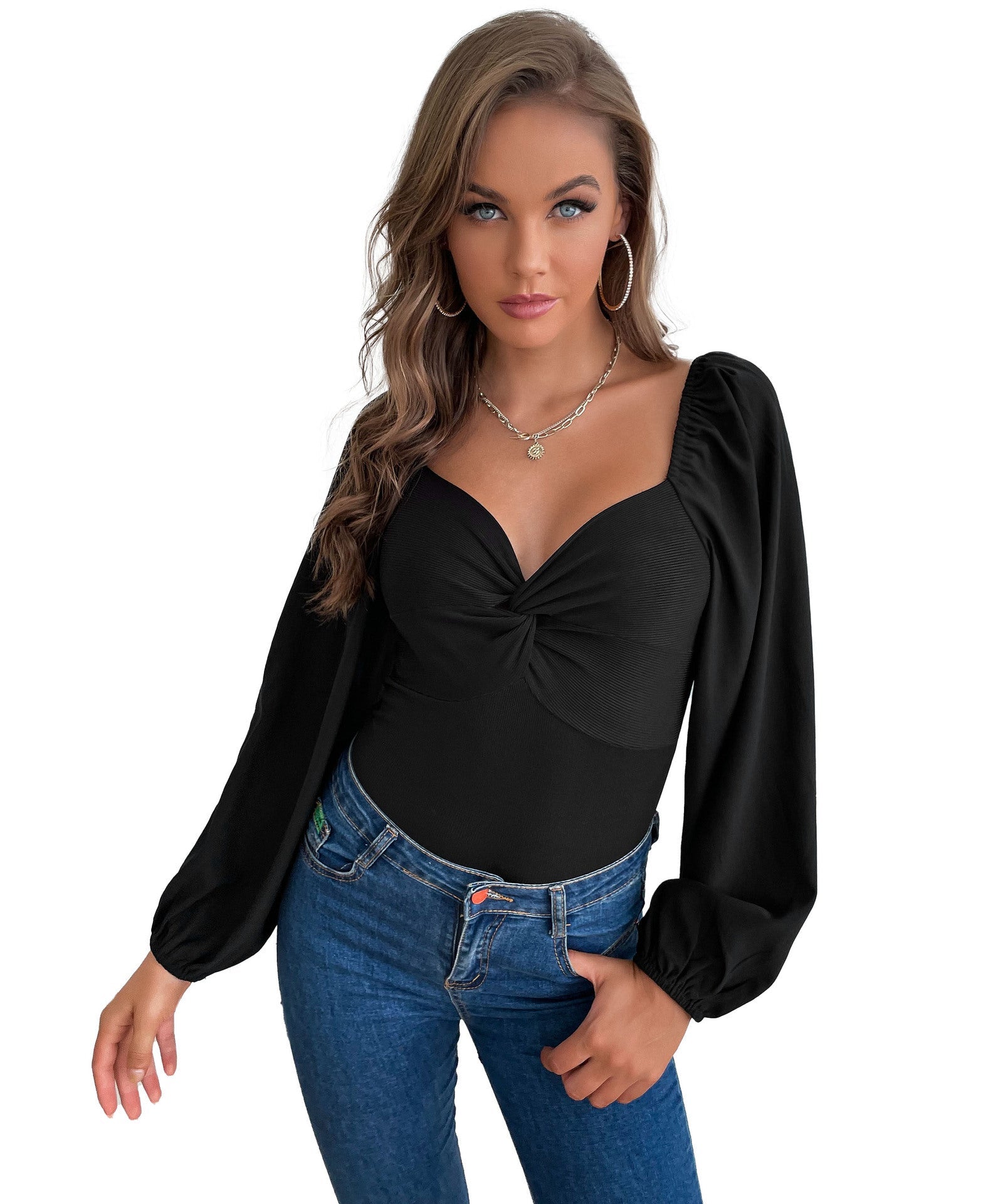Damen Body mit eleganter Knötchen-Details und romantischen Puffärmeln R&B