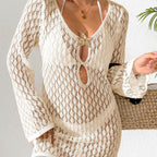 Damen gehäkelter Strandüberwurf mit stylischem V-Ausschnitt und eleganten Ärmeln R&B