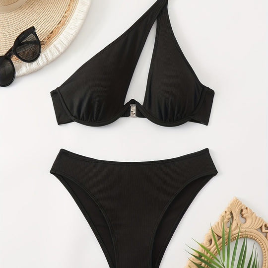Damen Bikini-Set mit asymmetrischem Trägerdesign und unterstützendem Push-Up-Oberteil R&B