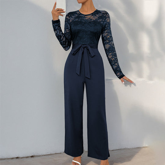 Damen Eleganter Jumpsuit mit Spitzenoberteil und tailliertem Bund R&B