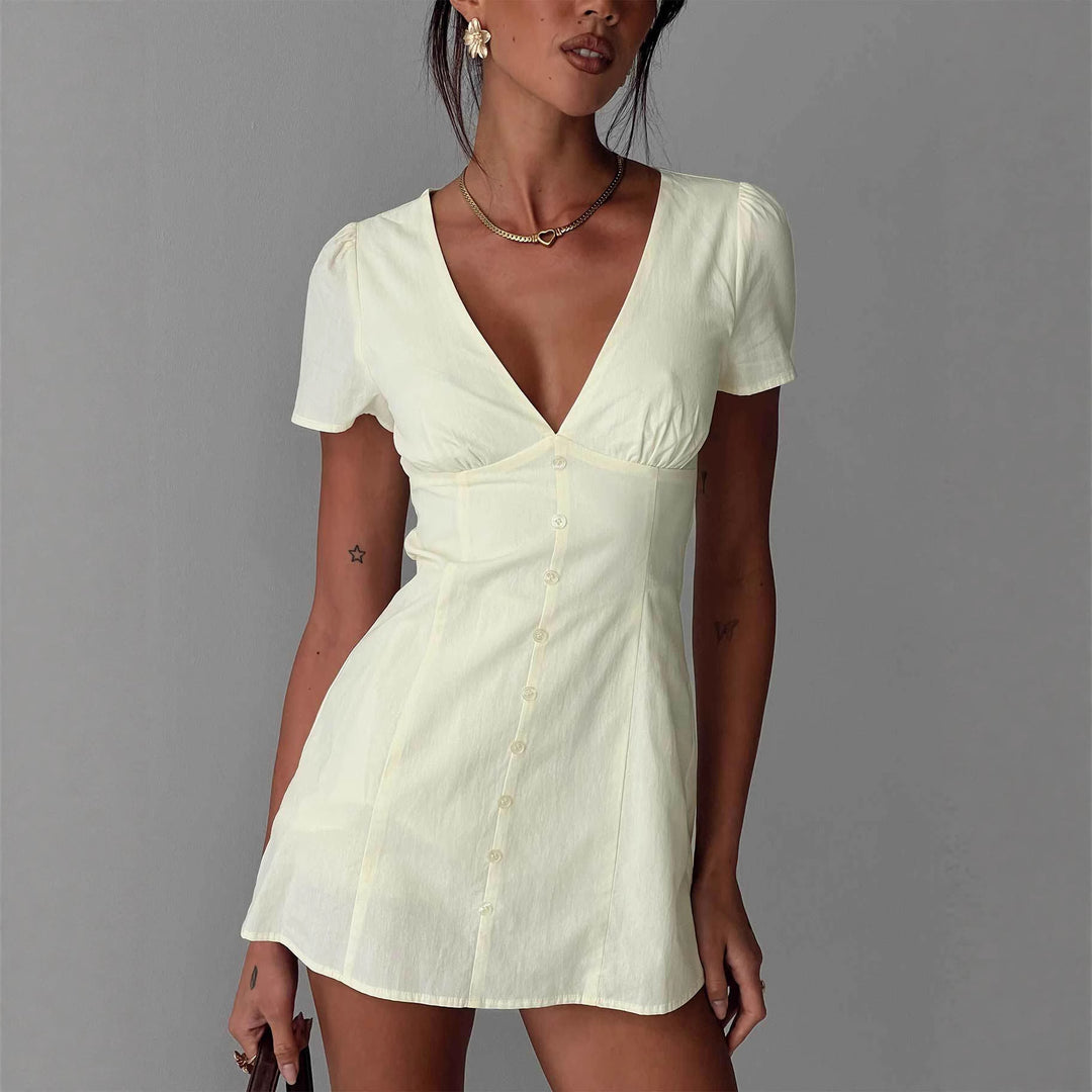 Damen Kurzärmeliges Kleid mit V-Ausschnitt und Knopfleiste R&B