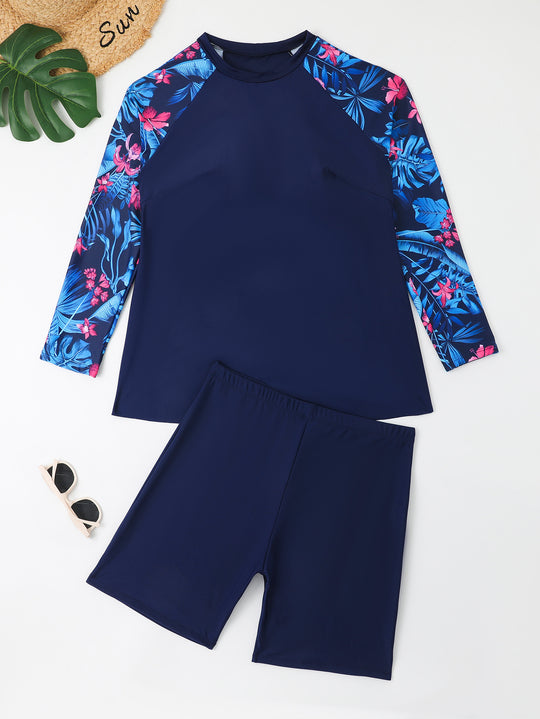 Damen UV-Schutz Surfanzug Set mit langen Ärmeln und farbenfrohem Blattmuster R&B