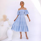 Damen Maxi Kleid mit ausgefallenem Off-Shoulder Design und voluminösen Ärmeln R&B