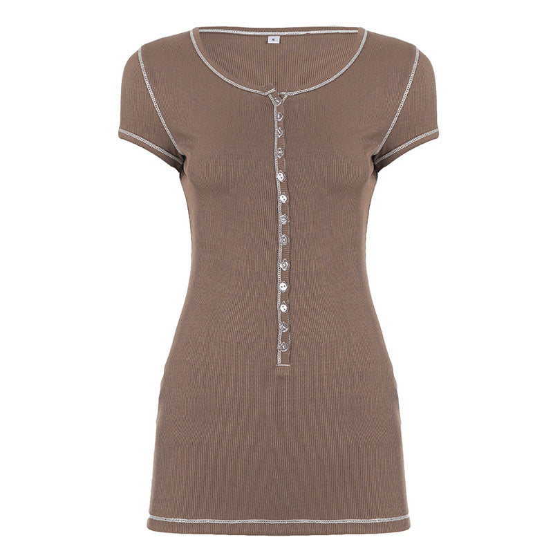Damen figurbetontes Kurzarmshirt mit Knopfleiste und eleganter Rippstruktur R&B
