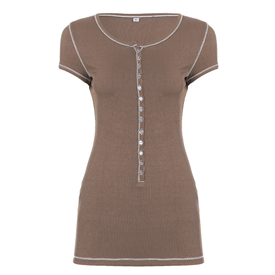 Damen figurbetontes Kurzarmshirt mit Knopfleiste und eleganter Rippstruktur R&B