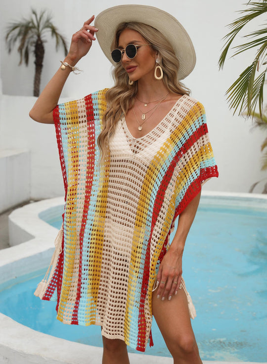 Damen lässiger Häkel-Strandüberwurf mit buntem Muster R&B
