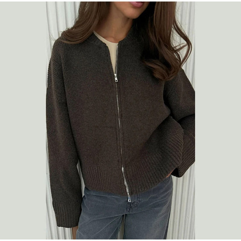 Damen lässige Strickjacke mit hohem Kragen und Reißverschluss R&B