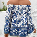 Damen Off-Shoulder Bluse mit floralen Mustern und elastischem Bündchen R&B