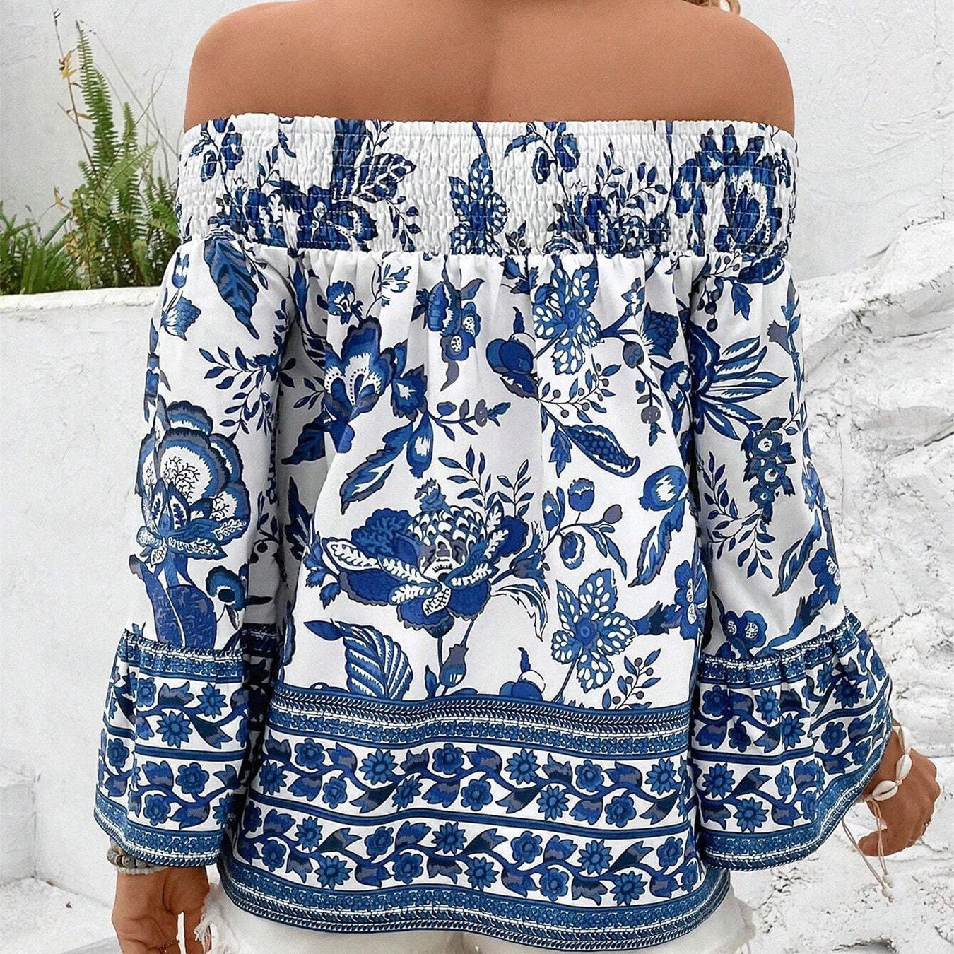Damen Off-Shoulder Bluse mit floralen Mustern und elastischem Bündchen R&B