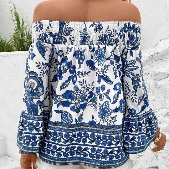 Damen Off-Shoulder Bluse mit floralen Mustern und elastischem Bündchen R&B
