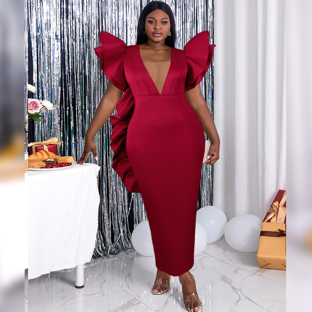 Damen figurbetontes Kleid mit voluminösen Rüschenärmeln und tiefem V-Ausschnitt R&B