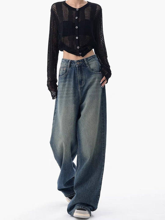Damen Oversized Denim-Jeans mit hoch geschnittenem Bund R&B
