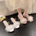 Damen elegante Mules mit transparentem Blockabsatz und feiner Fellverzierung R&B
