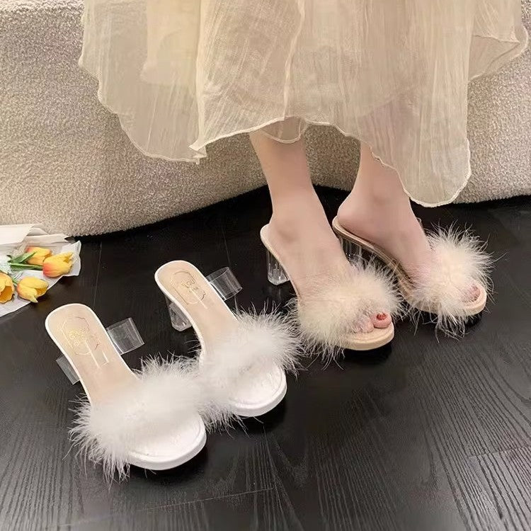 Damen elegante Mules mit transparentem Blockabsatz und feiner Fellverzierung R&B
