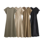 Damen elegantes Maxikleid mit fließendem Schnitt und modernem V-Ausschnitt R&B