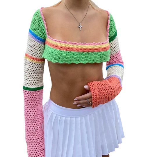Damen gehäkeltes Crop-Top mit langem Arm und bunten Streifen R&B
